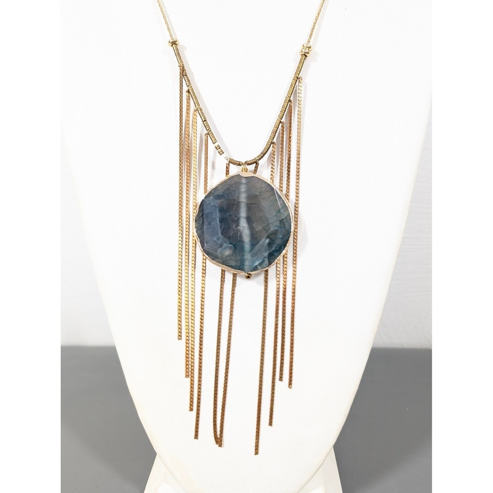 Serefina Boho Long Fringe Pendant Necklace Gold &‎ Brass Tone Glass Stone 28"